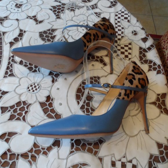 Jennifer Chamandi Light Blue/Leopard "Lorenzo" Two Tone Leather Pumps Si… - Picture 5 of 16